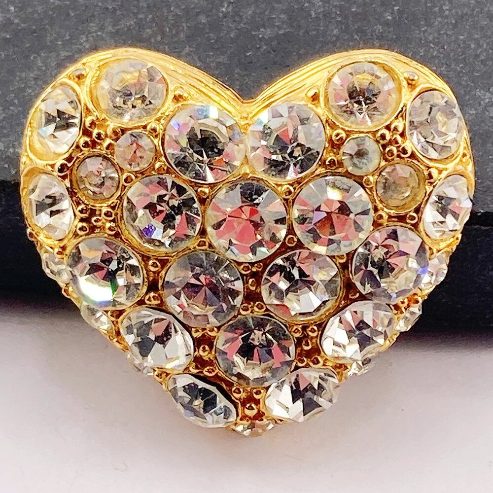 VINTAGE Gold tone metal and clear rhinestone heart brooch ~ c. 1980s 1990s pin